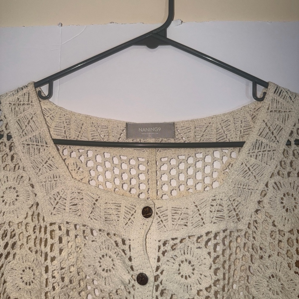 Chic Cream Crochet Button-Up Blazer - Picture 4 of 9